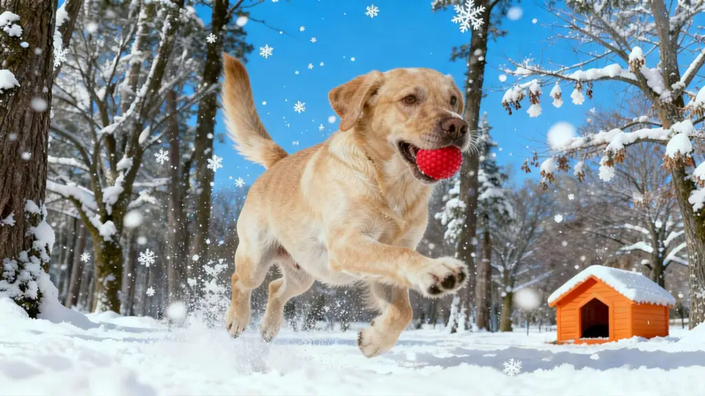 A Labrador Retriever is running in the snow